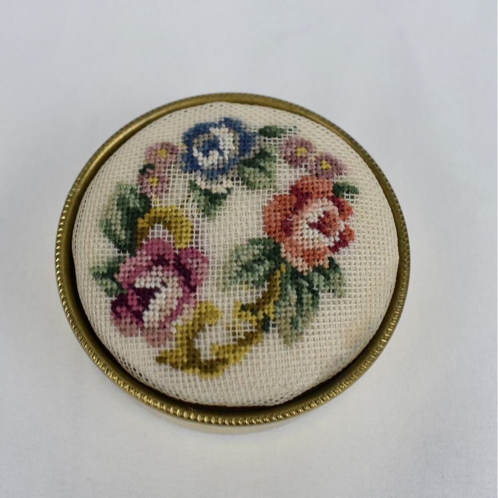 Vintage Petit Point Needlepoint Trinket Pill Box Mini Floral Gold Cream Cottage
